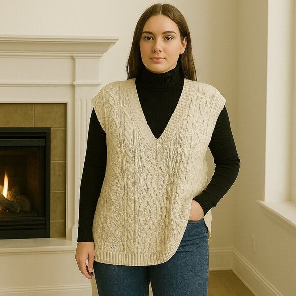 NEW POL Small  Off-White Cable Knit Sweater Vest V-Neck Cotton Blend Tie Back - Picture 1 of 15